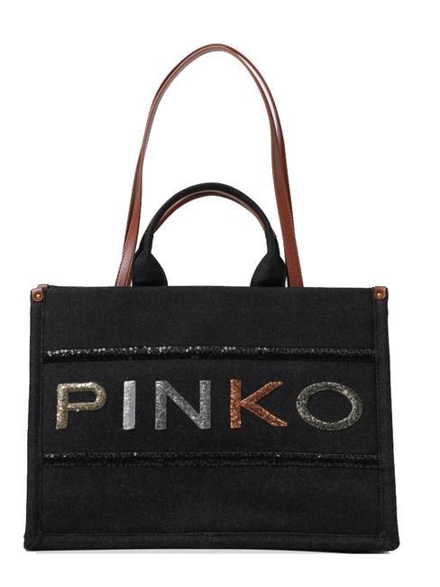 PINKO LOGO PAILLETETS Bolso denim con doble asa denim negro-oro antiguo - Bolsos Mujer