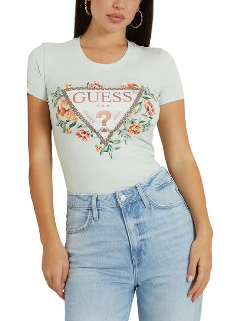 GUESS TRIANGLE FLOWERS Camiseta de algodón elástico verde azulado brumoso - camiseta