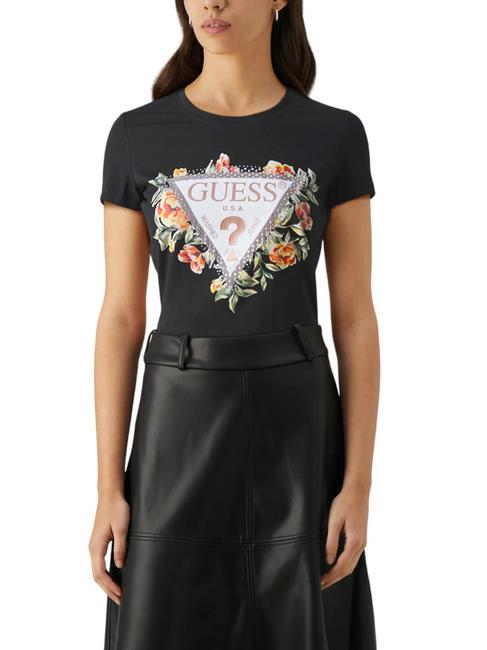 GUESS TRIANGLE FLOWERS Camiseta de algodón elástico jetbla - camiseta