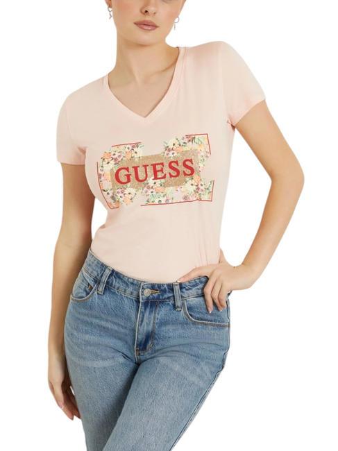 GUESS LOGO FLOWERS Camiseta de algodón elástico quiero ser rosa - camiseta