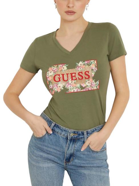 GUESS LOGO FLOWERS Camiseta de algodón elástico liquen hoja verde - camiseta