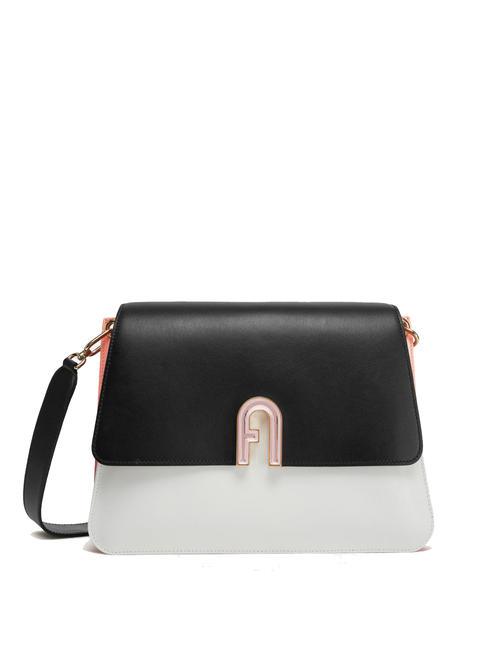 FURLA GEMMA Bolso bandolera de piel con solapa talco+negro h+pomelo - Bolsos Mujer