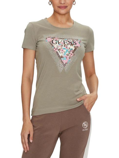 GUESS CHERRY FLOWER Camiseta de algodón elástico verde musgo - camiseta