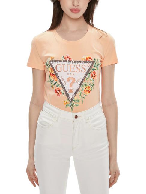 GUESS TRIANGLE FLOWERS Camiseta de algodón elástico cielo durazno - camiseta