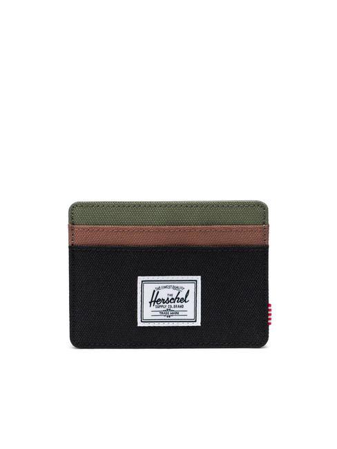 HERSCHEL CHARLIE  Tarjetero plano negro/trébol de cuatro hojas/marrón silla de montar - Carteras Mujer