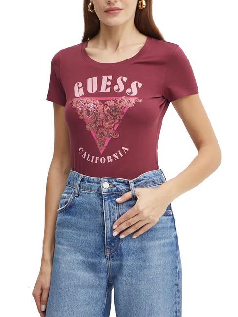 GUESS ROSES TRIANGLE Camiseta de algodón con estampado y pedrería rosa burdeos - camiseta