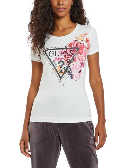 GUESS TRIANGLE PEONY Camiseta con estampado y tachuelas purwhite - camiseta