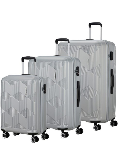 AMERICAN TOURISTER SUNCHASER Set Cabina + Trolley Mediano + Grande SILVER - Set Trolley