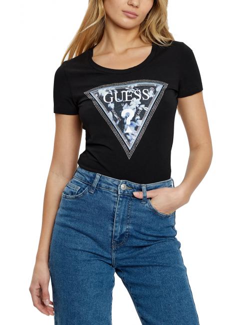 GUESS SS CN TRIANGLE FLOWER Camiseta de algodón jetbla - camiseta