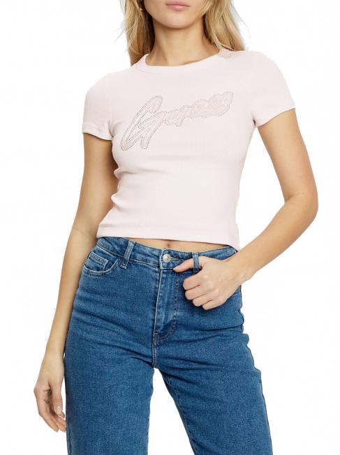 GUESS SS CN RIB LOGO Camiseta de manga corta rosa de bajo perfil - camiseta