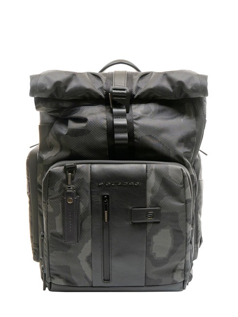 PIQUADRO BRIEF 2 Mochila roll-top de piel y tejido camuflaje negro reflejado - Mochilas para portátil