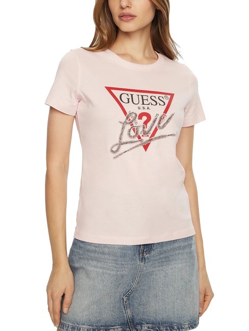 GUESS SS CN TRIANGLE LOVE Camiseta de algodón rosa de bajo perfil - camiseta