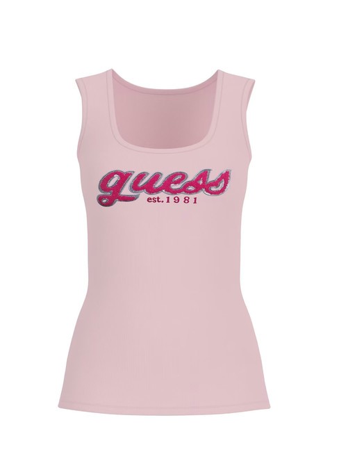 GUESS CHENILLE LOGO  Top de algodón rosa de bajo perfil - camiseta